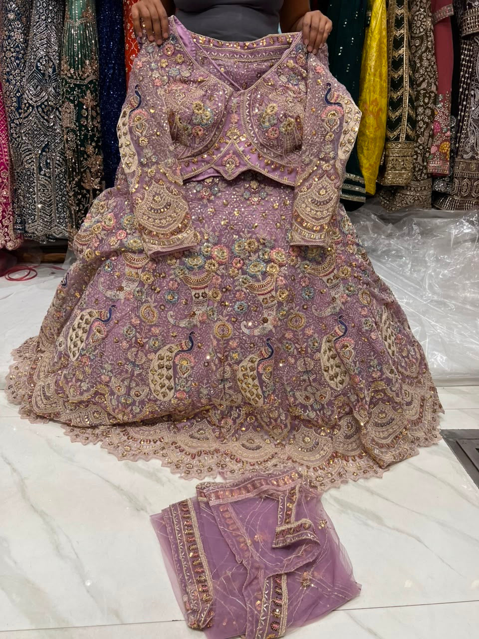 Onion Pink Peacock Crop Top Lehenga