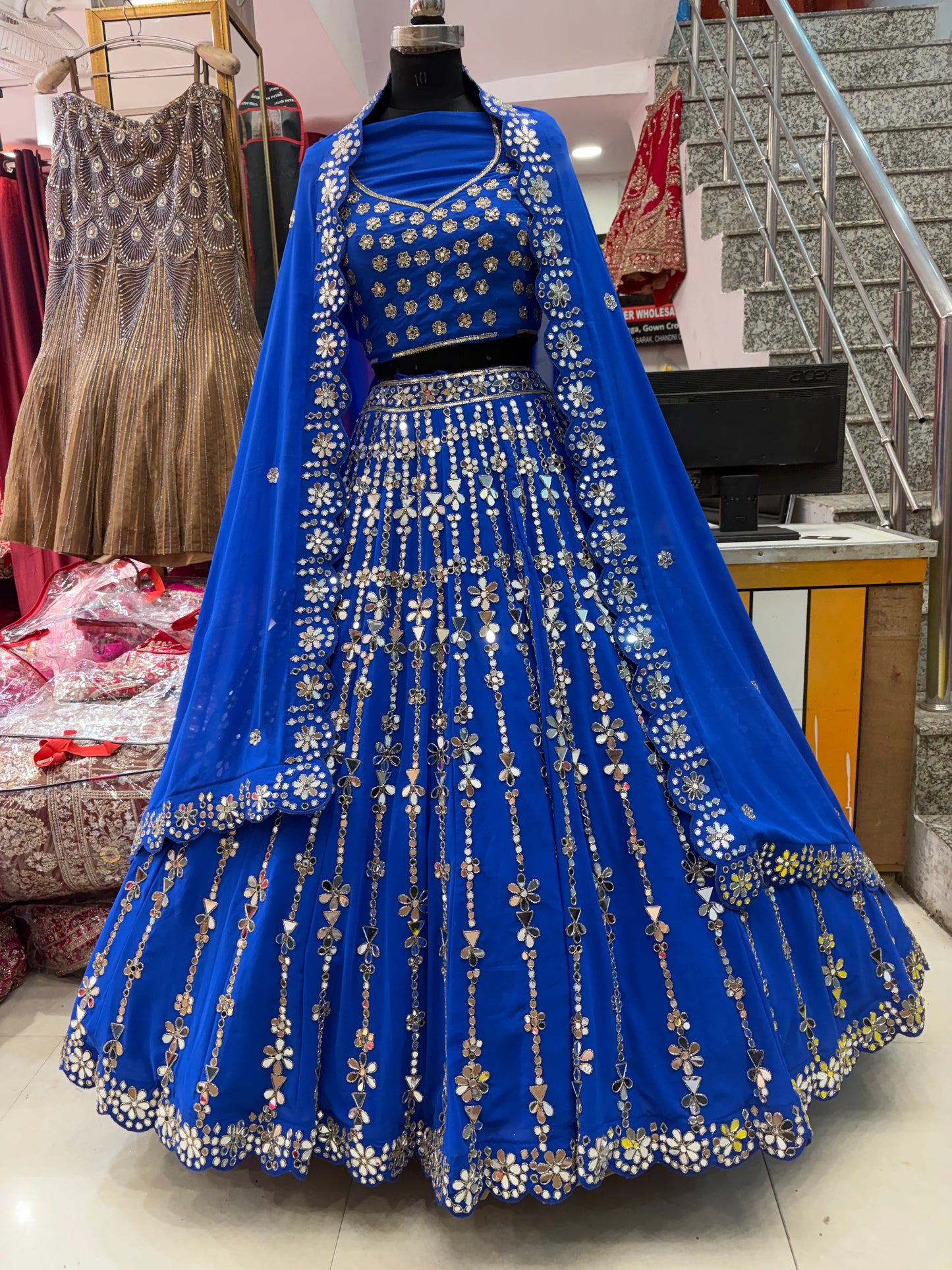 Royal Blue Mirror Work Designer Lehenga