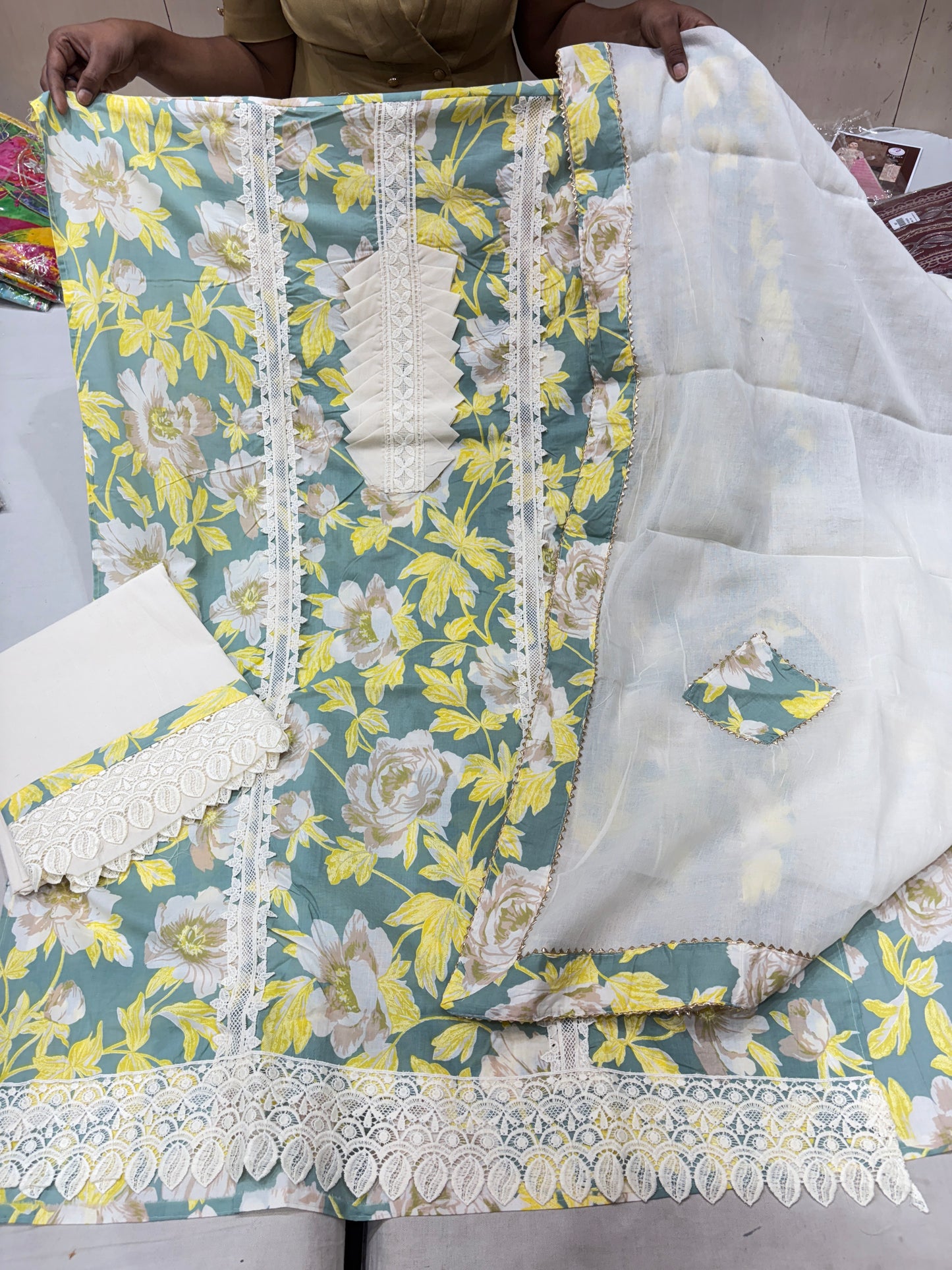 Majestic white green Unstitched suit ( free size )