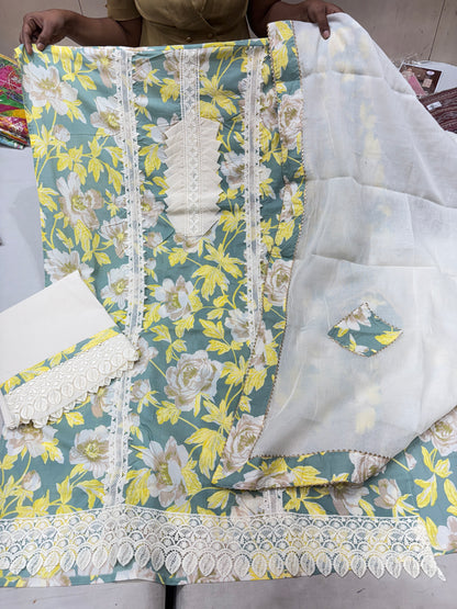 Majestic white green Unstitched suit ( free size )