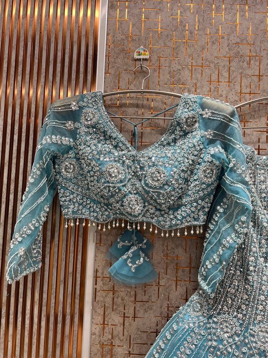 Sky Blue Fish Cut Crop Top Lehenga
