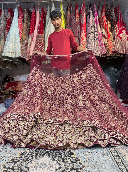 Lovely maroon bridal Lehenga handwork zardozi dabka