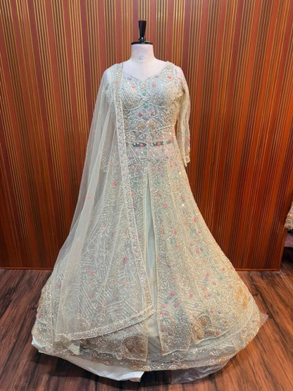 White pista color cream color crop top Lehenga