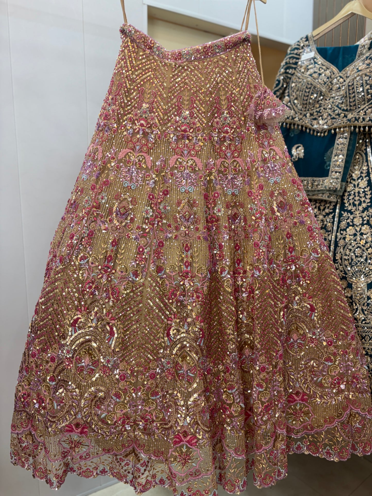 Stunning beige pink beads crop top Lehenga