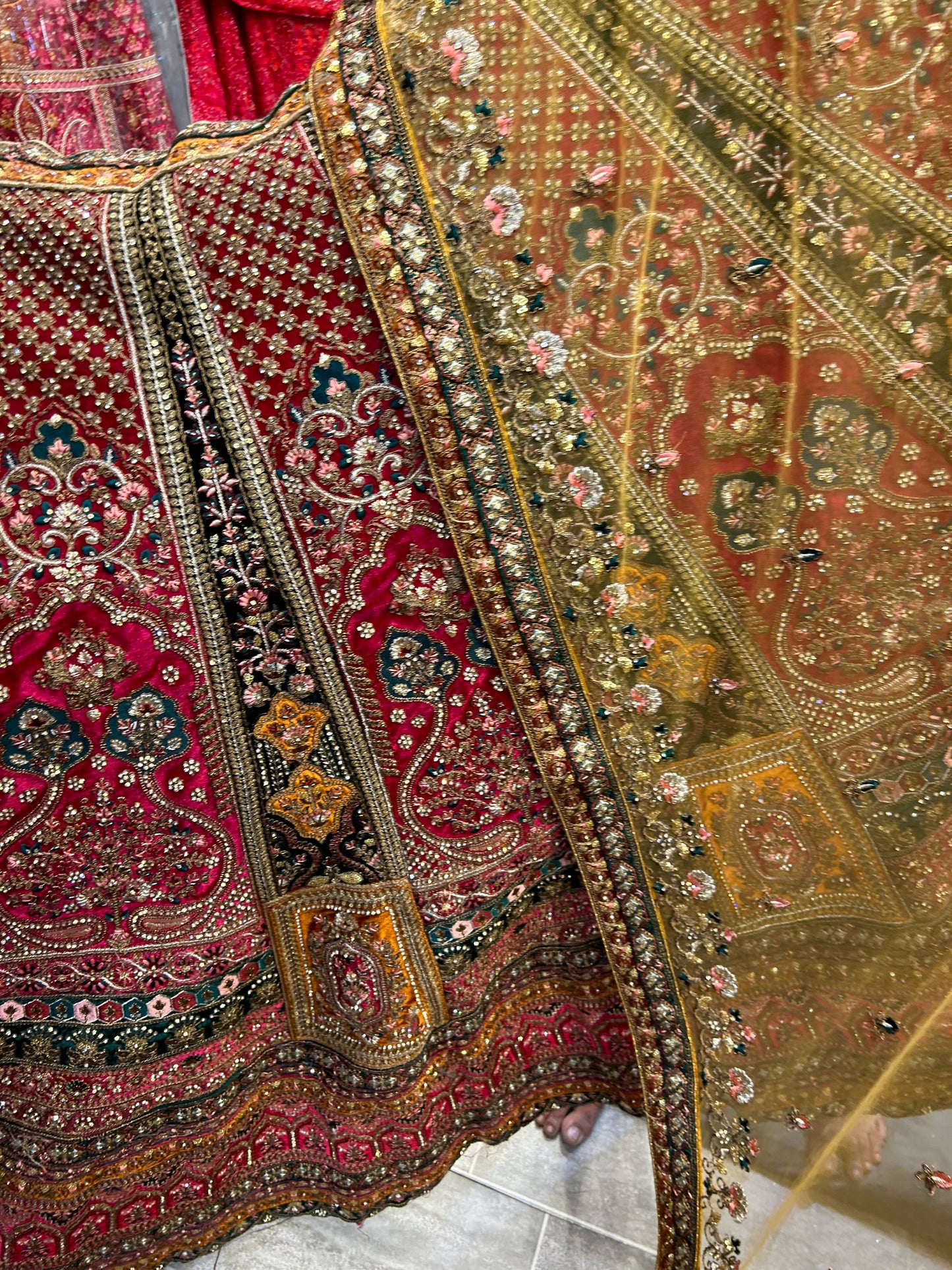 Astonishing pink golden double dupatta bridal Lehenga