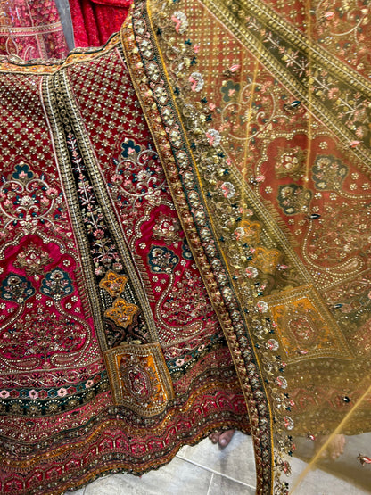 Astonishing pink golden double dupatta bridal Lehenga