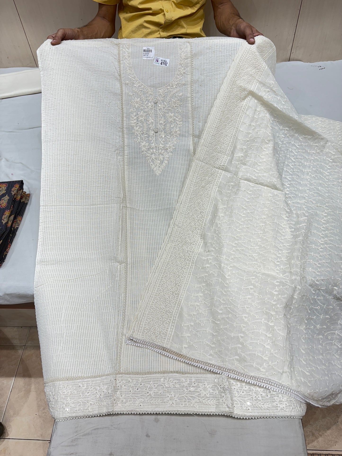 Embellished white georgette cotton unstitched suit ( free size )