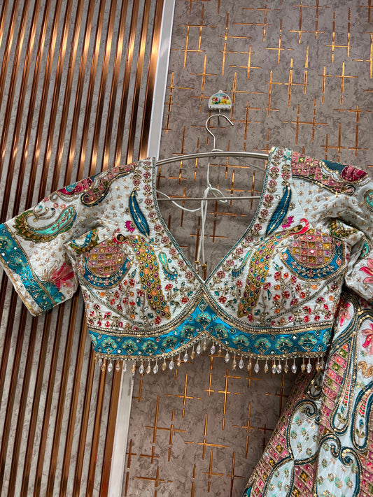 Sea Blue Peacock Crop Top Lehenga