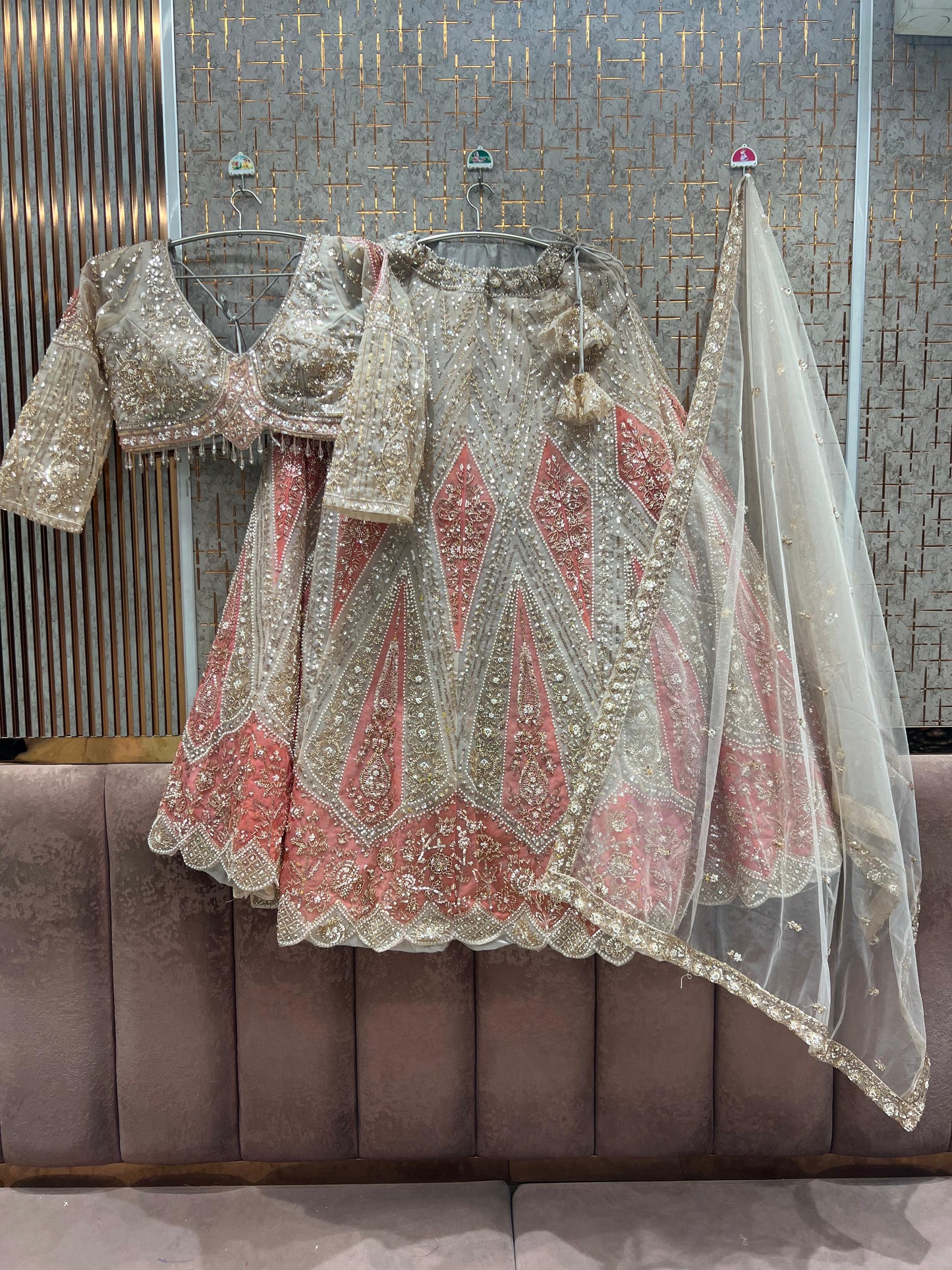 Golden pink crop top Lehenga