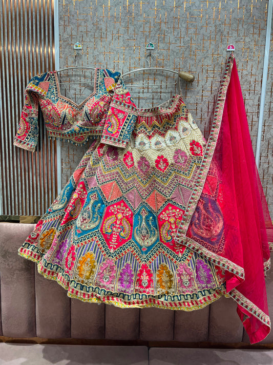 Hot Pink Peacock Crop Top Lehenga