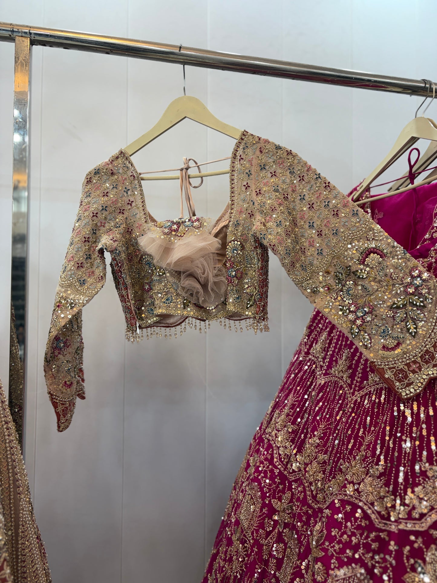 Beautiful Beige Golden Crop top Lehenga