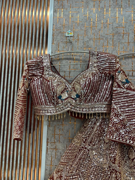 Maroon Peacock Crop Top Lehenga