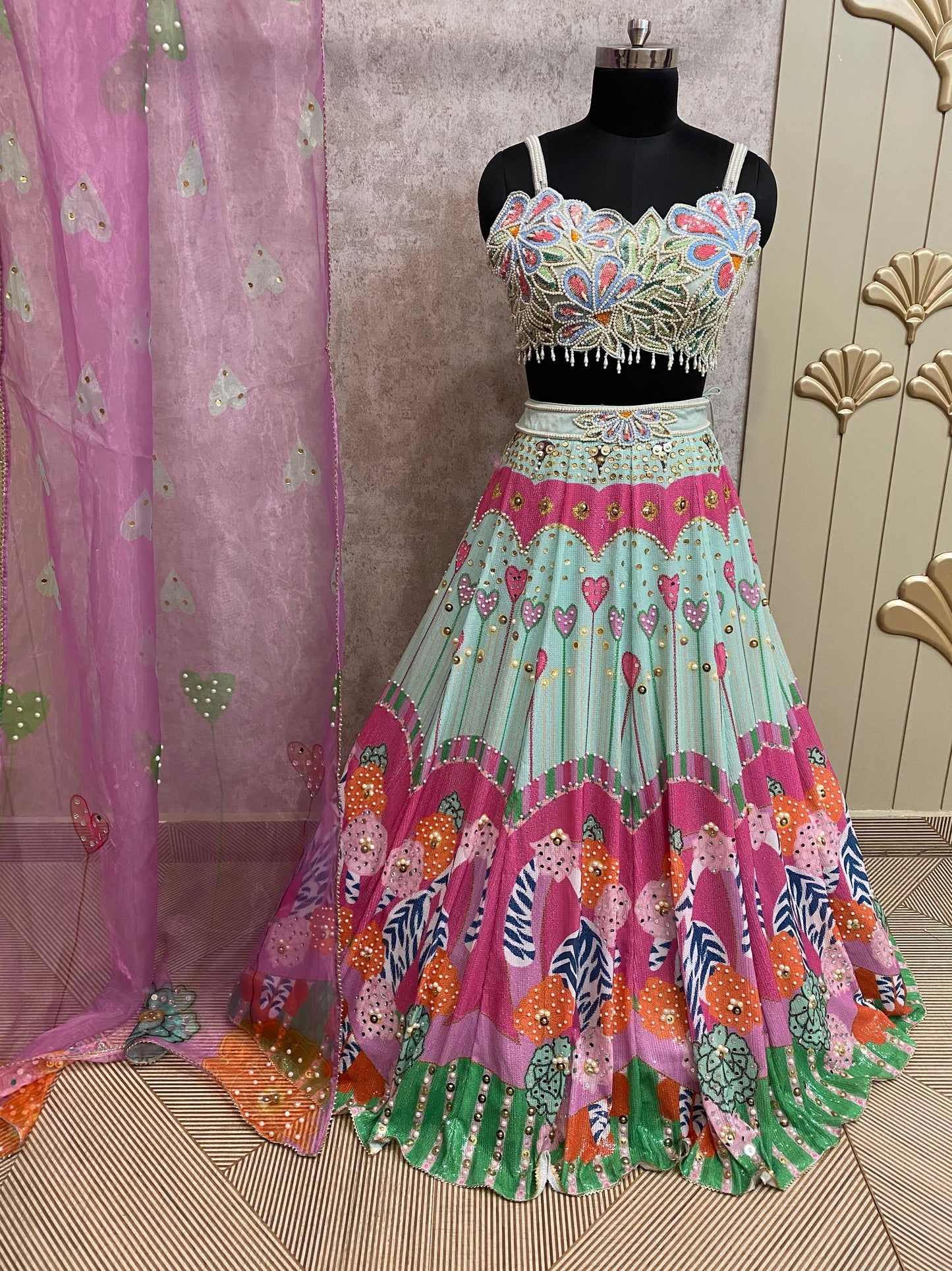 Pink green PDP crop top lehenga