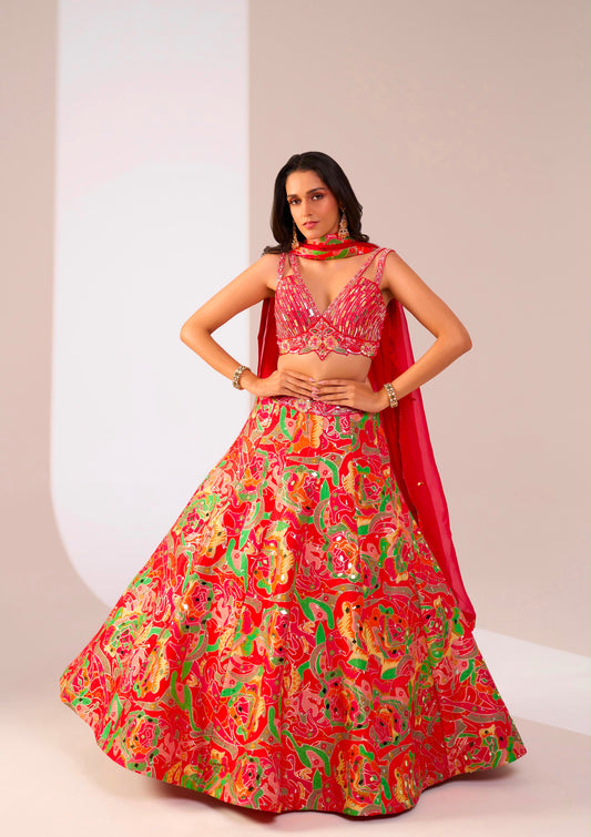 Hot Pink Multicolour Designer  Crop Top Lehenga