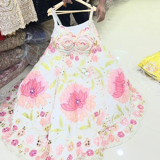 Designer White pink Floral Pdp Ready to wear Crop top Lehenga