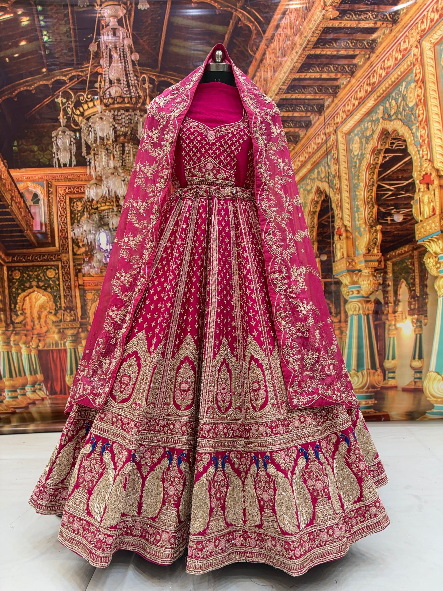 Eye catching rani pink peacock pure handwork heavy bridal Lehenga