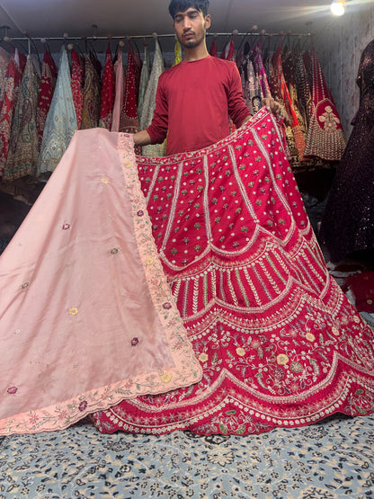 Attractive red rani pink bridal Lehenga handwork light pink contrast dupatta