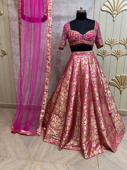 Navy blue Banarasi crop top Lehenga
