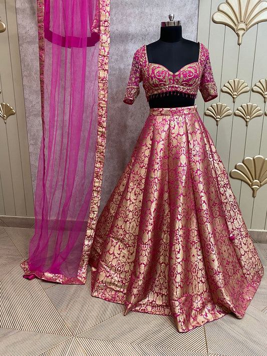 Yellow Banarasi crop top Lehenga