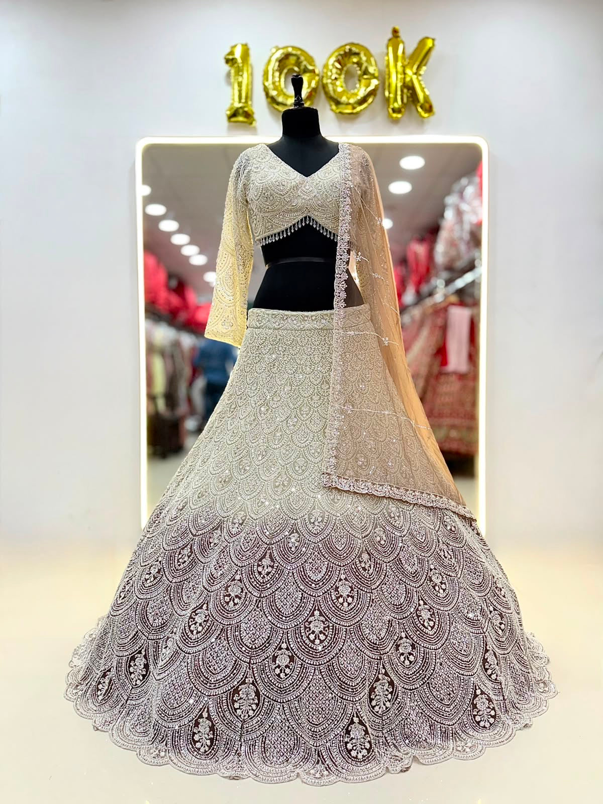White Brown Double Shade Crop Top Lehenga