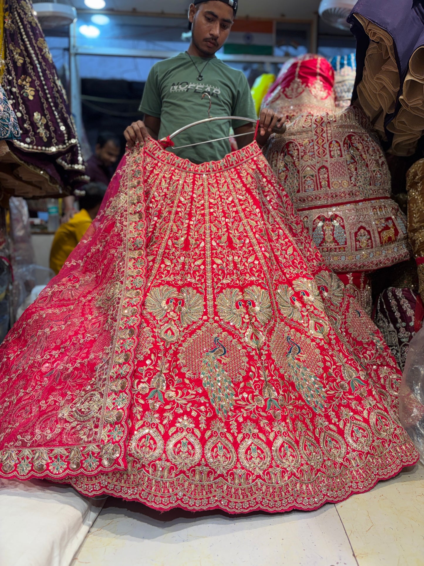 Engaging Red peacock Bridal Lehenga