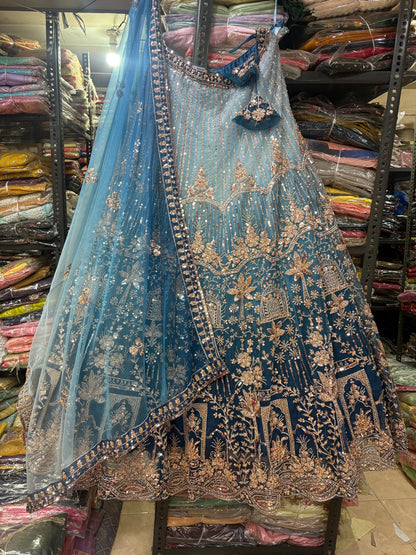 Embellished Blue Double Shade Crop Top Lehenga