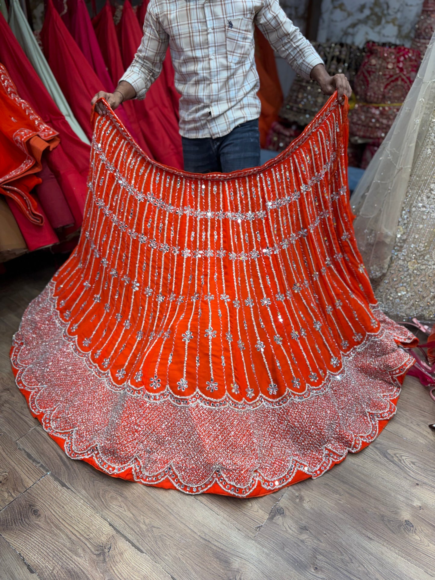 Rust Orange Mirror Work Lehenga