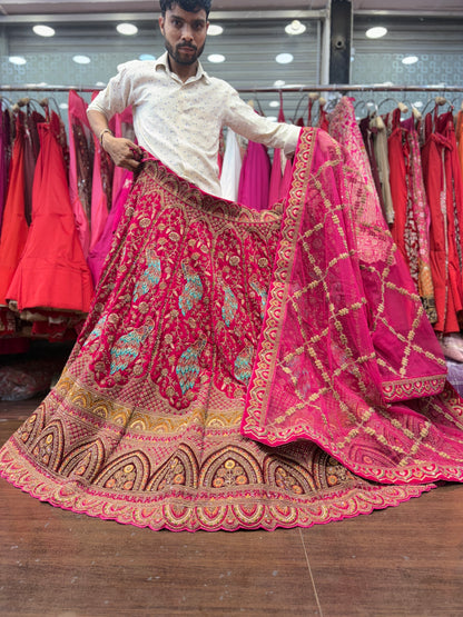 Fantastic Rani pink peacock handwork handmade bridal Lehenga