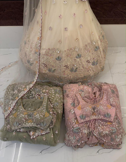 Golden pink green crop top Lehenga