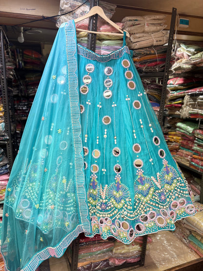 Beautiful Sky blue pdp mirror work Lehenga