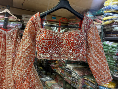 Astonishing Orange Ready to wear Mirror work Crop Top Lehenga