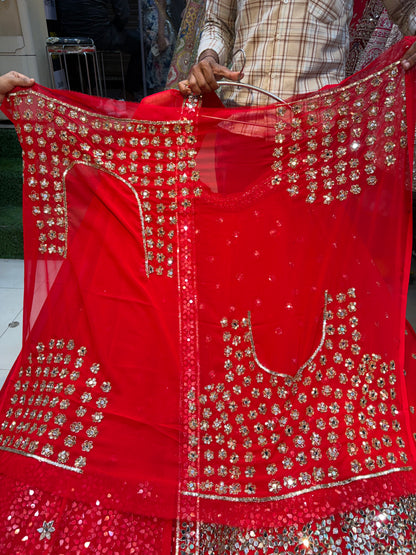 Red Mirror Work Lehenga