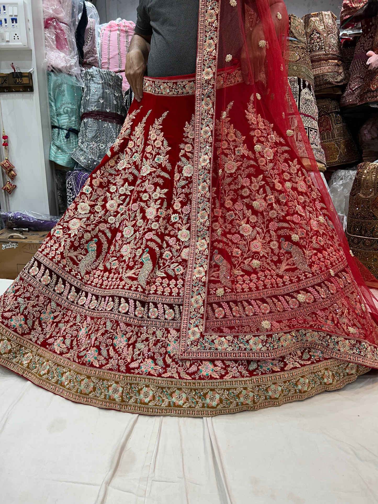 Hot Red multi bel Lehenga