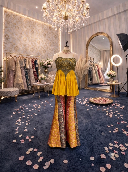 Yellow Long Sharara Suit Dress Material