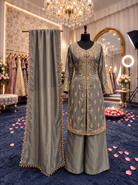 Golden Long Sharara Suit Dress Material