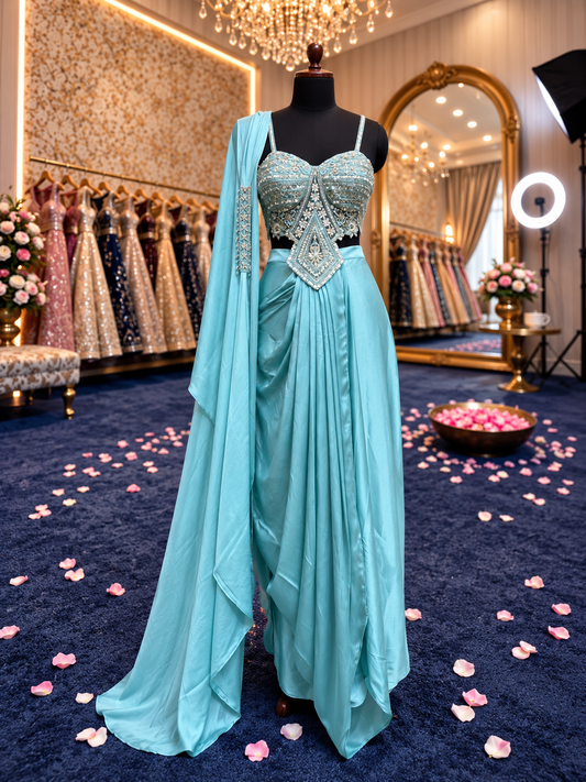 Blue Designer Ready To Wear Drape Saree