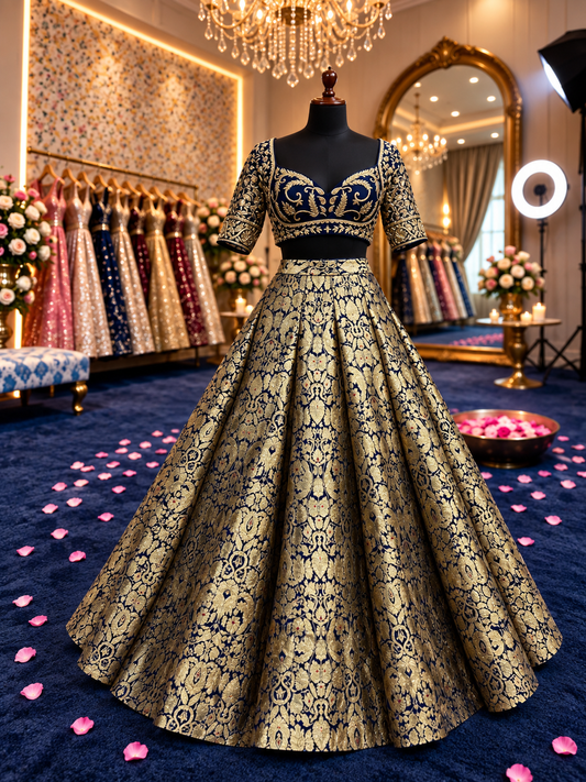 Navy blue Banarasi crop top Lehenga