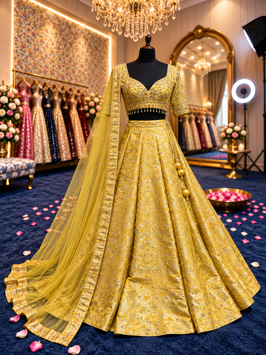 Yellow Banarasi crop top Lehenga