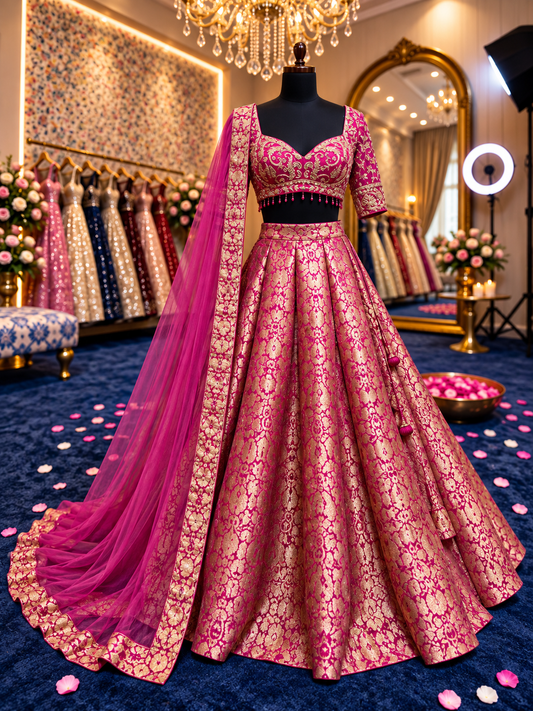 Pink Banarasi crop top Lehenga