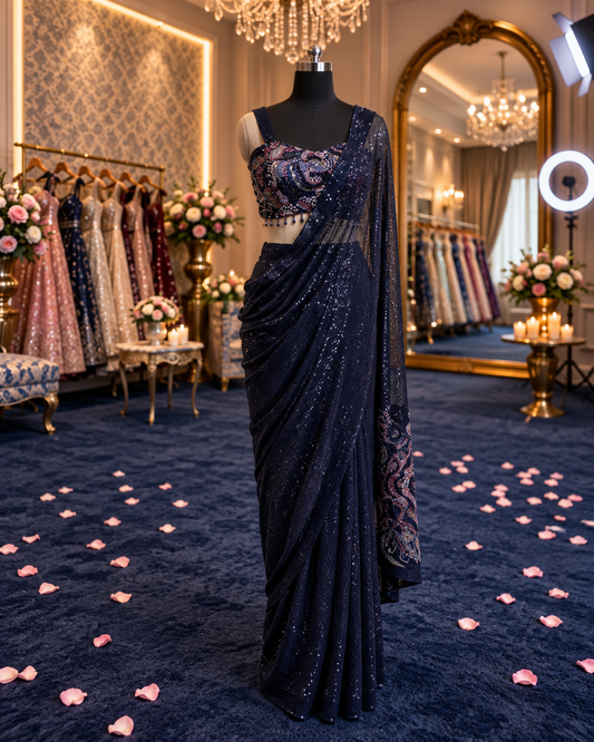 Navy blue Designer Ready To Wear Drape Saree