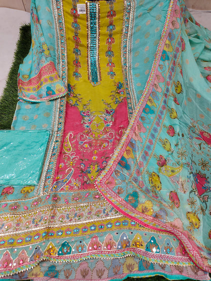 Fantastic multicolour blue Unstitched suit (free size)