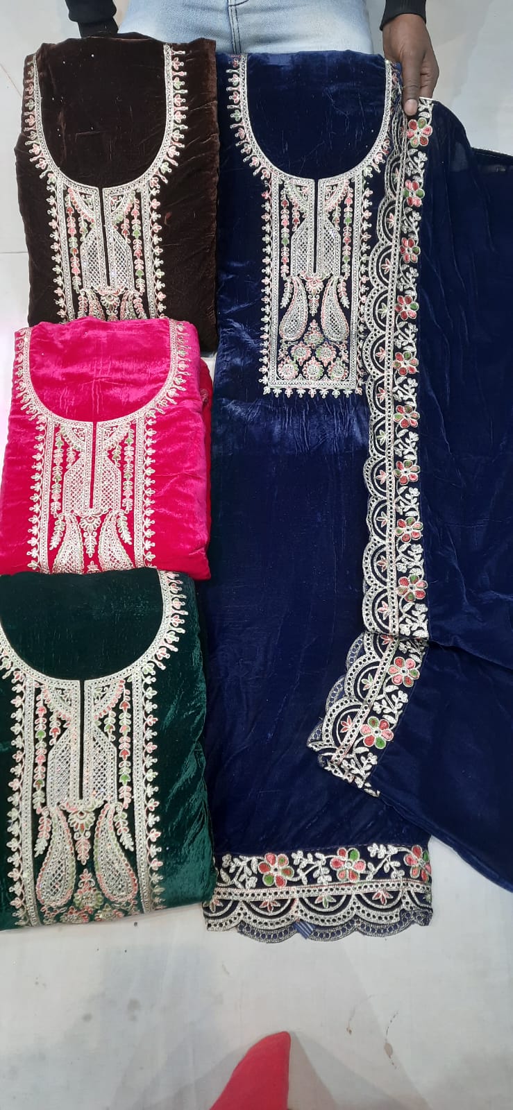 Tremendous navy blue velvet unstitched salwar suit dress material(free size)