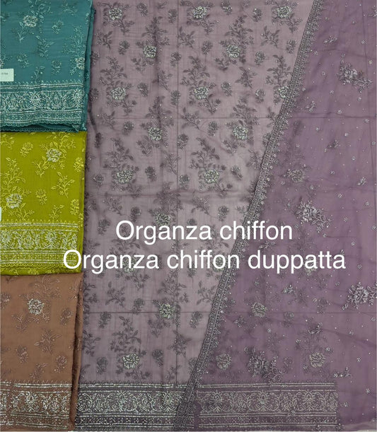 Beautiful pink organza chiffon  Unstitched suit ( free size )