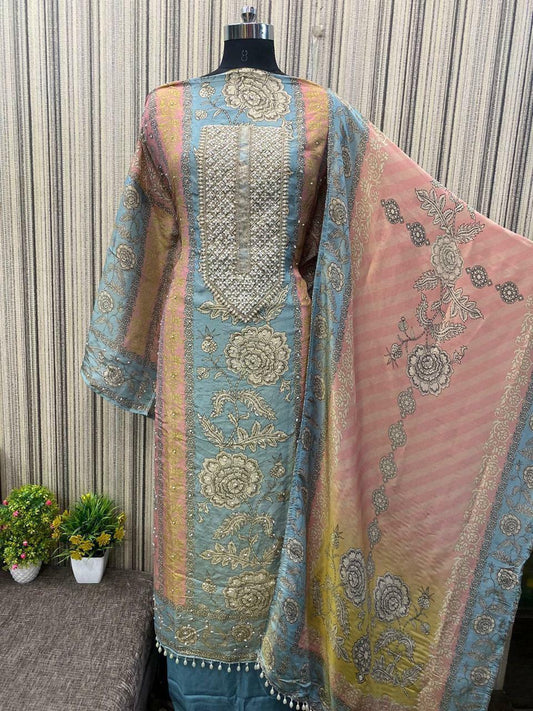 Charming blue pink Unstitched suit ( free size )