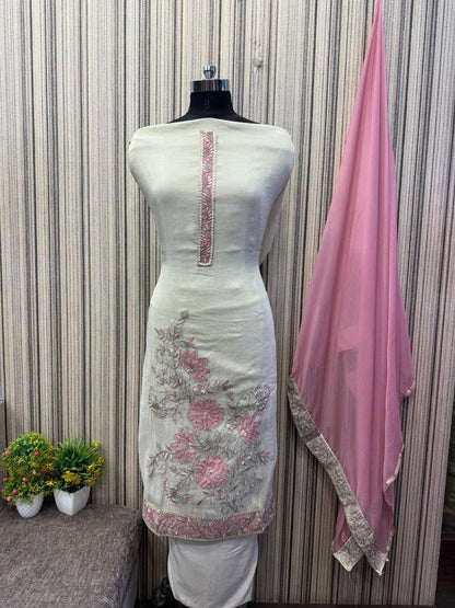 Fantastic white pink Unstitched suit ( free size )
