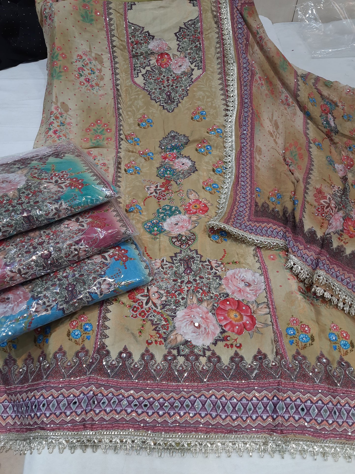 Lovely beige Unstitched suit ( free size )
