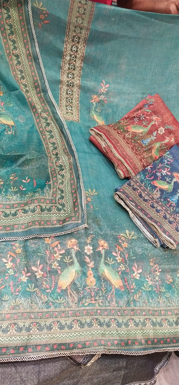 Charming sky blue peacock Unstitched suit ( free size )