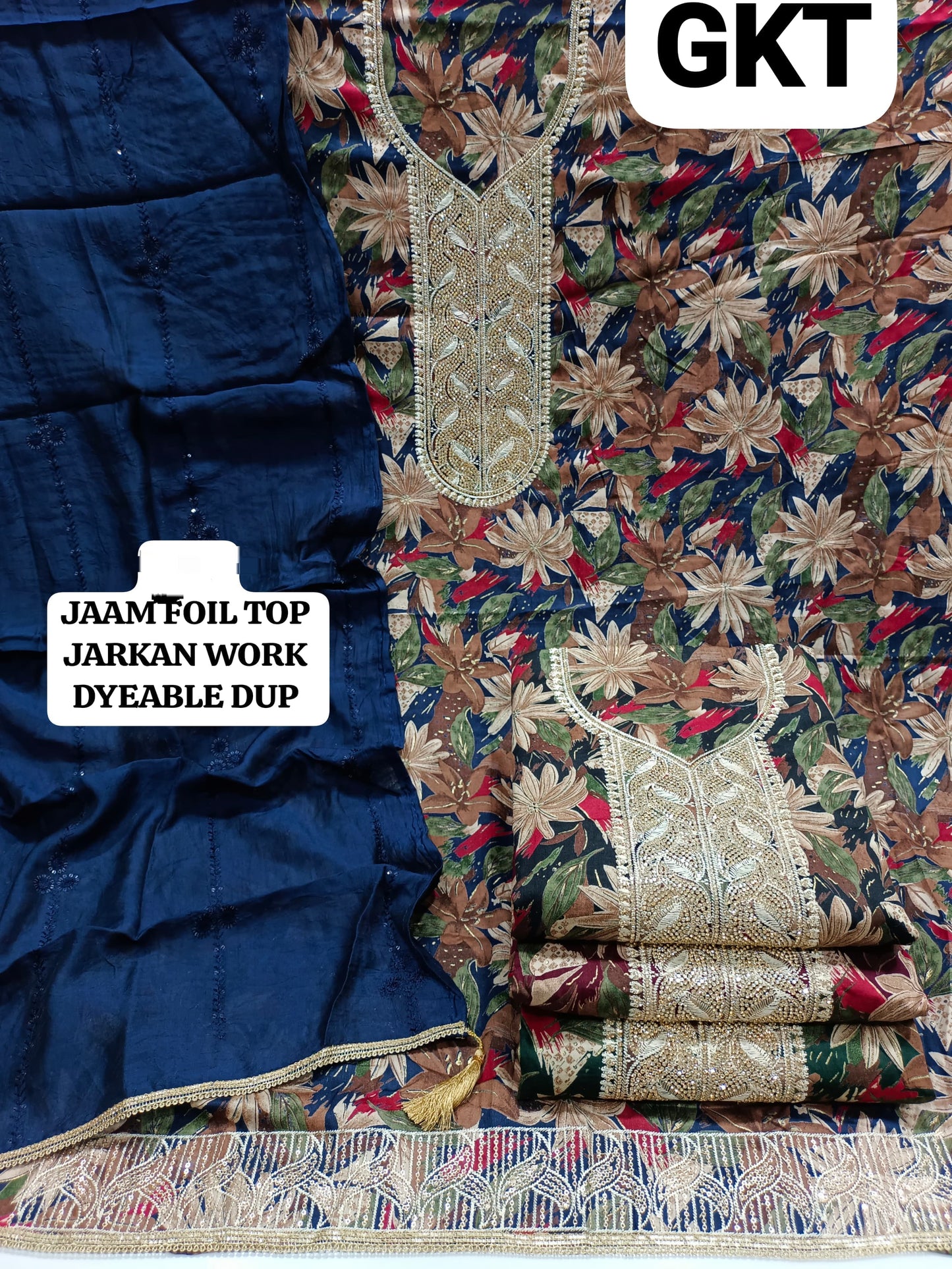 Beautiful navy blue floral print Unstitched suit ( free size )