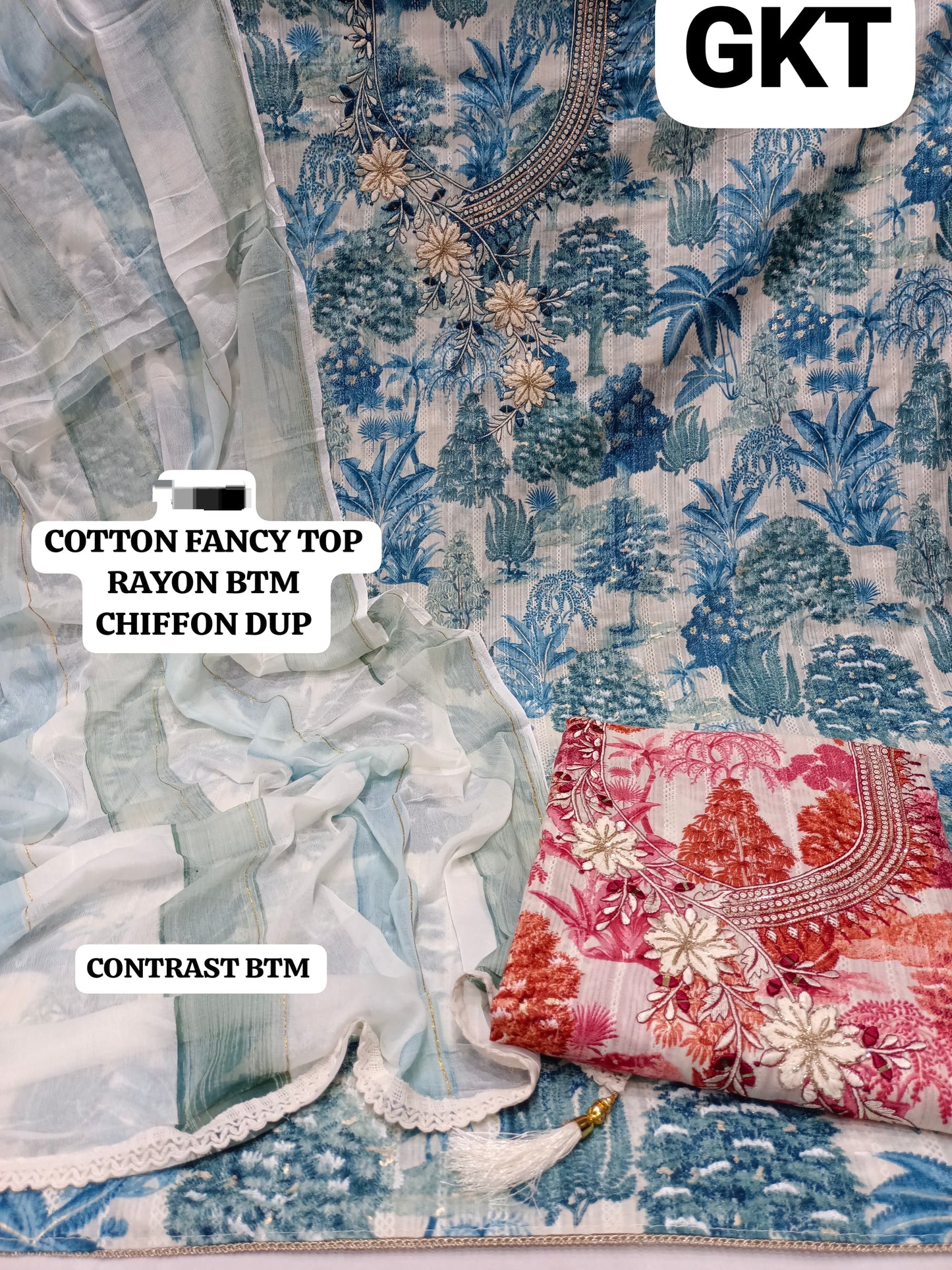 Designer cotton blue Unstitched suit ( free size )