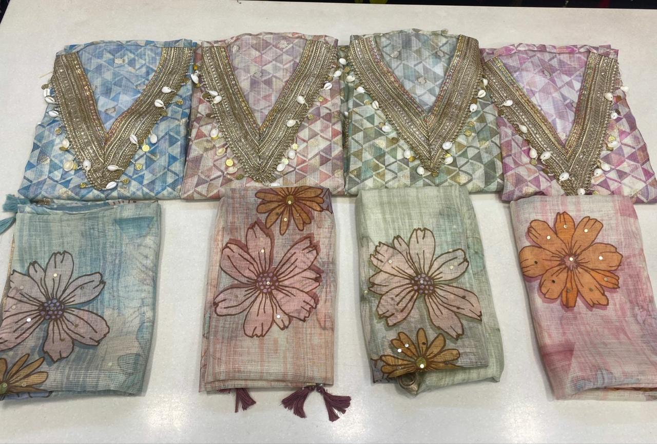 Amazing pink green blue unstitched salwar suit dress material (free size)